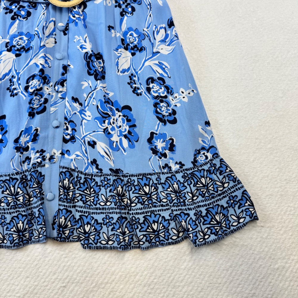 STS Blue Floral Midi Dress Button Front Flutter Sleeve Wood Buckle Belt XL - Picture 3 of 10